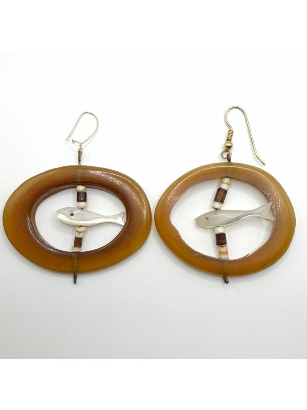 Brown Oval Organic Hoops With Mother Of Pearl Fish Pierced Earrings